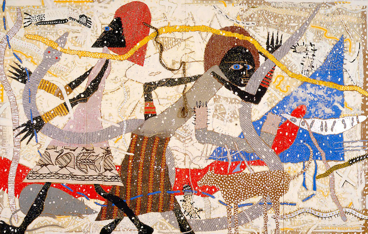 <em>Noah’s Ark Genesis</em>, 1984. Enamel and mixed media on masonite panels, 120” x 192”.  