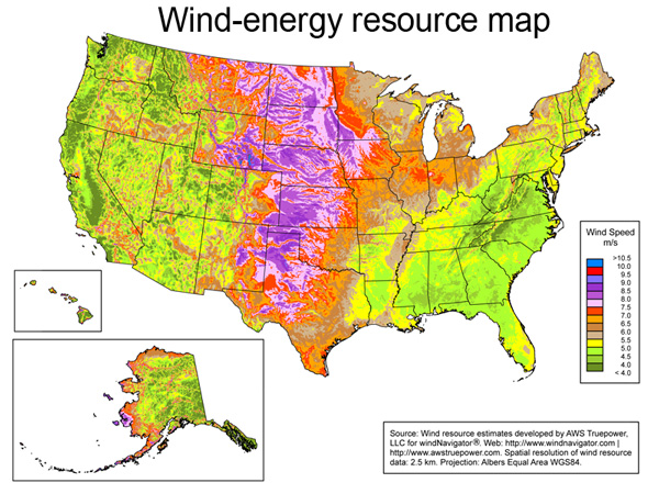 This map shows the predicted mean annual wind speeds at 80 meters. Areas with annual average wind speeds around 6.5 meters per second and greater at an 80-meter height are generally considered to have suitable wind for development. (The unit meters per second reflects speed over the distance of a meter.) A dynamic version map on the U.S. Department of Energy website lets you click on each state for more detailed information.